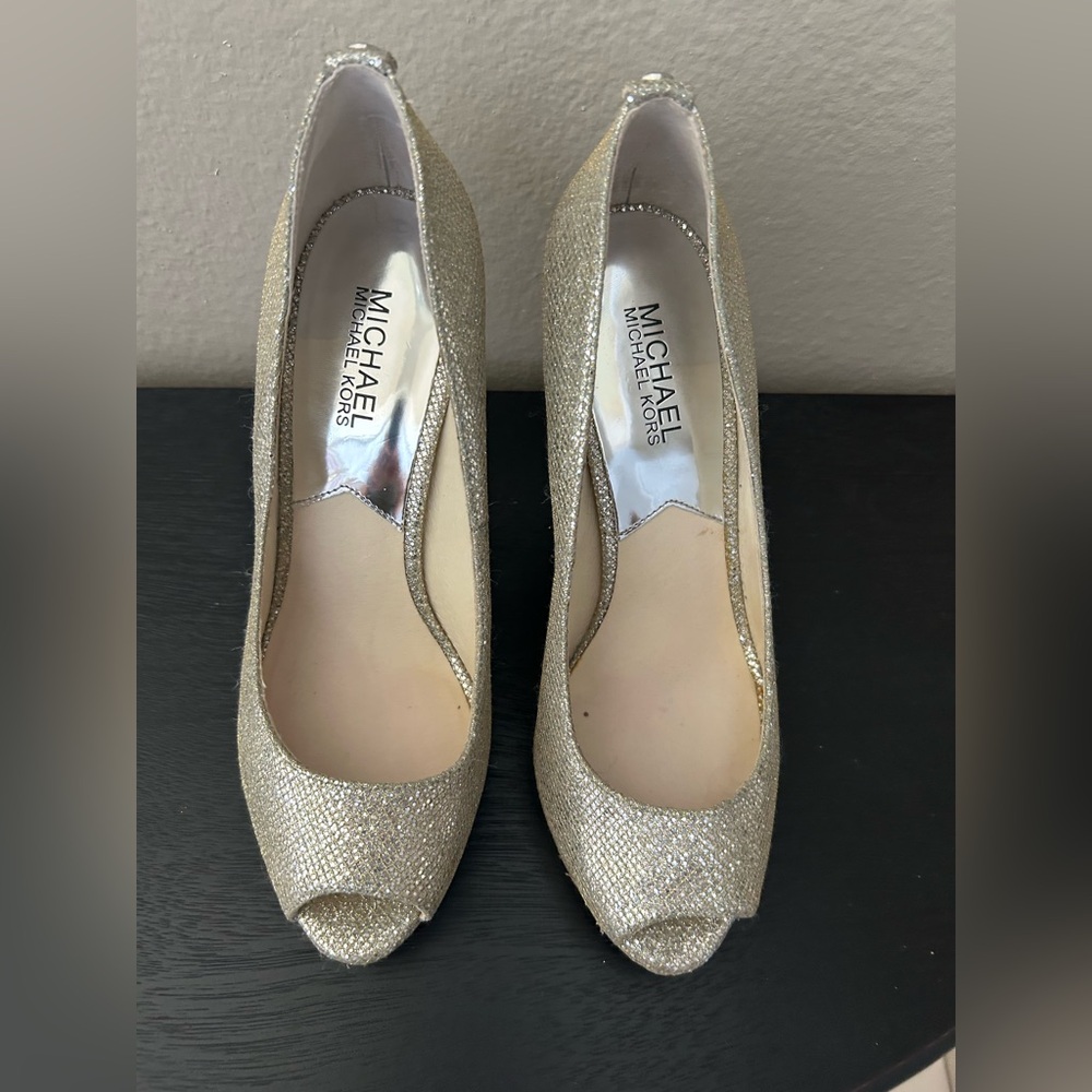 MICHAEL Michael Kors Silver Glitter Peep-Toe Heels